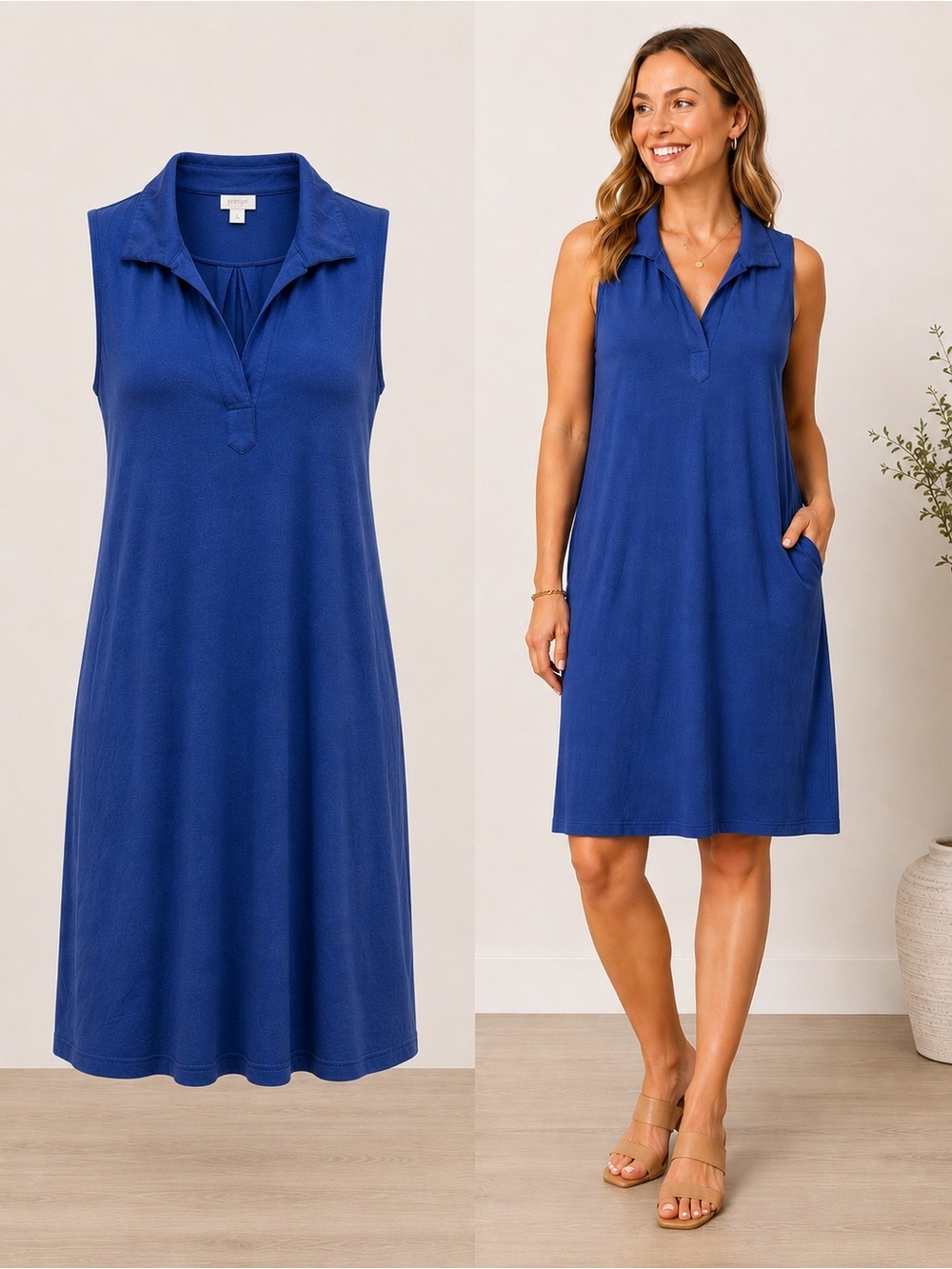 Greige | Blue Sleeveless Collared Knit Shift Dress | Size Large